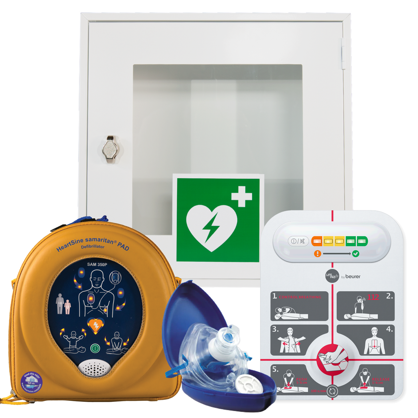 HeartSine SAM 350P Defibrillator/AED + Reanimationshilfe LifePad® + Beatmungsmaske + Wandhalterung ohne Alarm